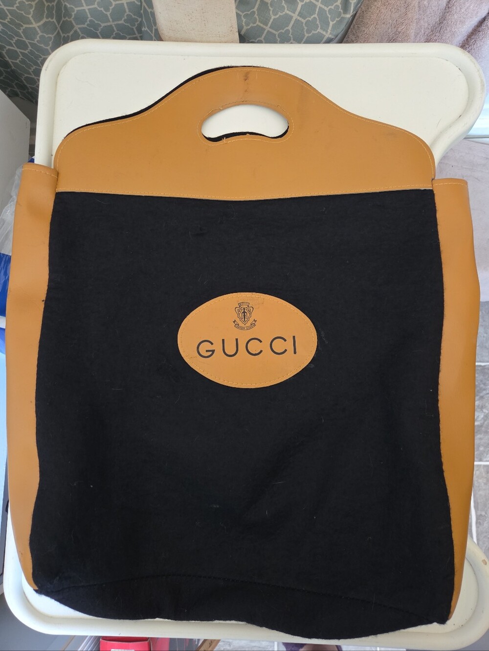 Gucci Vintage Wool and Faux Leather Black Tote Bag